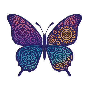 Beyaz arka plan teknolojisinde izole edilmiş mandala desenli renkli kelebek