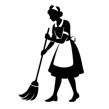 Temizlikçi kıyafetli bir kadının silüeti süpürgeyle süpürülüyor, beyaz arka planda izole edilmiş bir teknoloji geçmişi var.