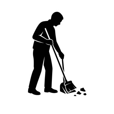 Toprak ve enkazı süpüren beyaz arka planda izole edilmiş bir adamın silüeti.