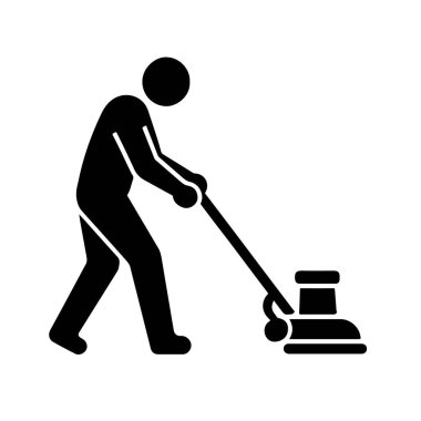 Beyaz arkaplan teknolojisi arka planında izole edilmiş temizlik için yer tamponu kullanan bir kişinin silueti