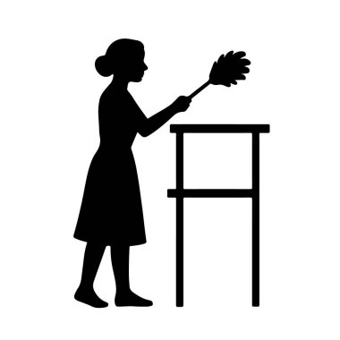 Beyaz arka planda izole edilmiş, tüy fırçasıyla bir masanın tozunu alan bir kadının silüeti.