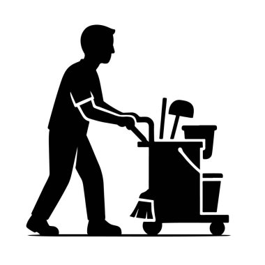 Beyaz arka plan teknolojisine izole edilmiş malzemelerle temizlik arabasını iten birinin silueti.