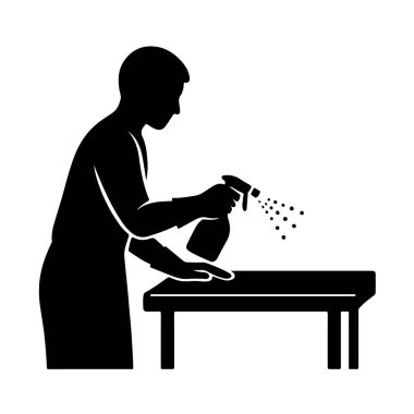 Beyaz arka plan teknolojisi arka planında izole edilmiş temizleme spreyi ile bir yüzeyi spreyleyen bir kişinin silueti.