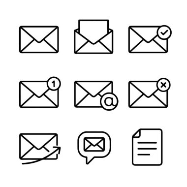 Gelen, gönderilen ve beyaz arkaplan teknolojisi arka planında izole edilmiş e- posta ve ileti simgeleri koleksiyonu