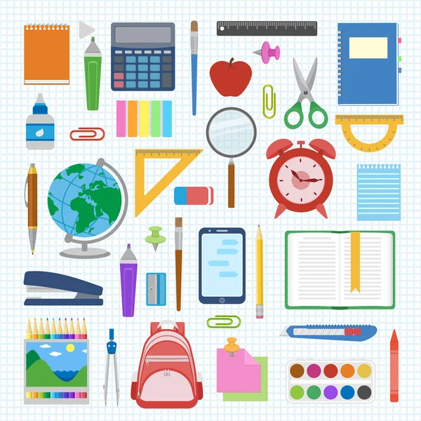 Školní Potřeby Věci Uložené Prostěradle Cele Zpátky Školnímu Vybavení Vzdělávací — Stockový vektor