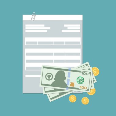 Ödeme konsepti. Fatura, vergi faturası, hesap, nakit ve altın paralarla çek. Ödeme nakit. Vektör illüstrasyonu