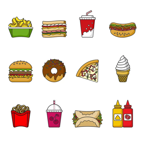 stock vector Set of fast food icons. Drinks, snacks and sweets. Colorful outlined icon collection. Vector illustration on white background.