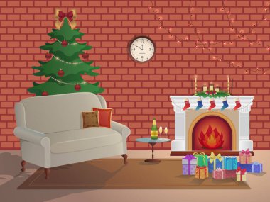 İçinde şömine, Noel ağacı, kanepe, hediye kutuları, duvar saati olan tuğladan bir arka planda mutlu noel odaları. Mumlar çoraplar ve dekorasyonlar. Yeni yıl ve Noel kartını bekliyorum. Vektör