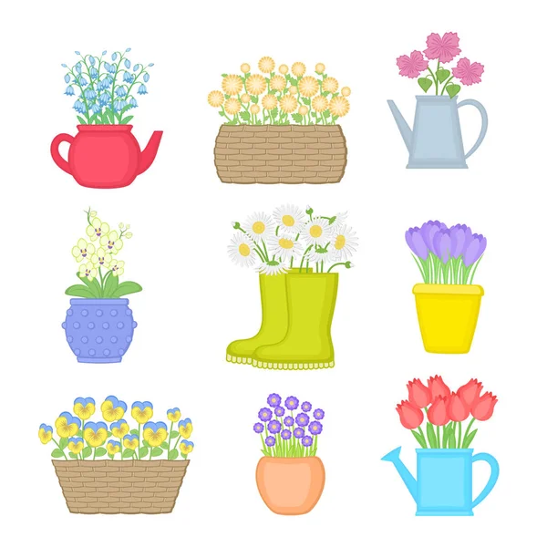 Квіти Різних Горщиках Набір Весняних Квітів Векторні Ілюстрації Ізольовані Білому — стоковий вектор