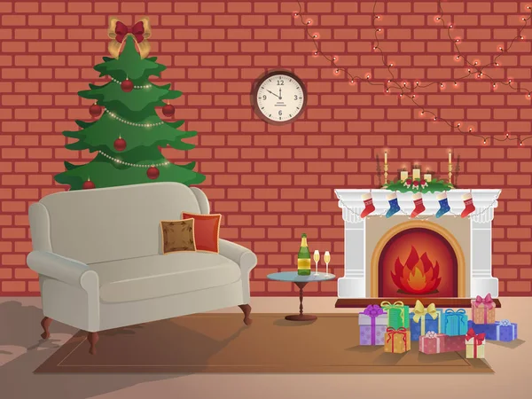 Joyeux Noël Intérieur Chambre Sur Fond Brique Avec Une Cheminée — Image vectorielle