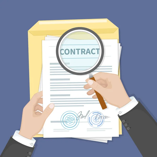 Concepto Inspección Contractual Manos Sosteniendo Lupa Sobre Contrato Contrato Con — Archivo Imágenes Vectoriales