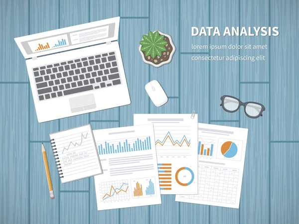 データ分析の概念 レポート 財務監査 Seo分析 レポート 管理画面上のグラフィックスとドキュメント — ストックベクタ