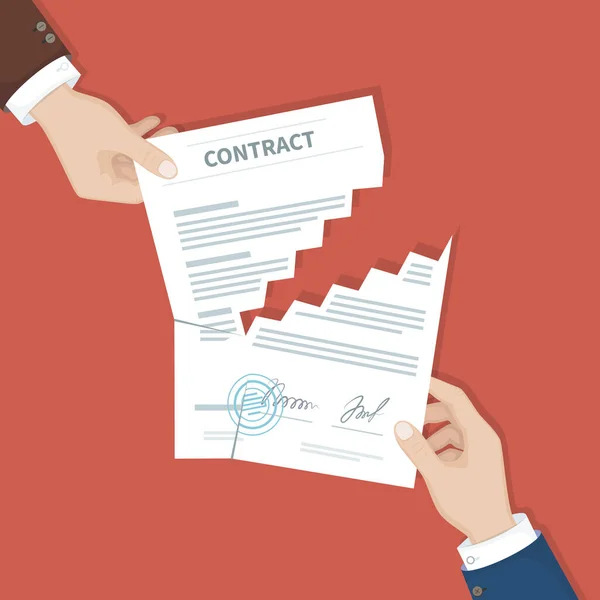 stock vector Contract termination concept. Two businessman hands tearing document apart. The end of agreement. Vector illustration in flat design for business concept. View from above