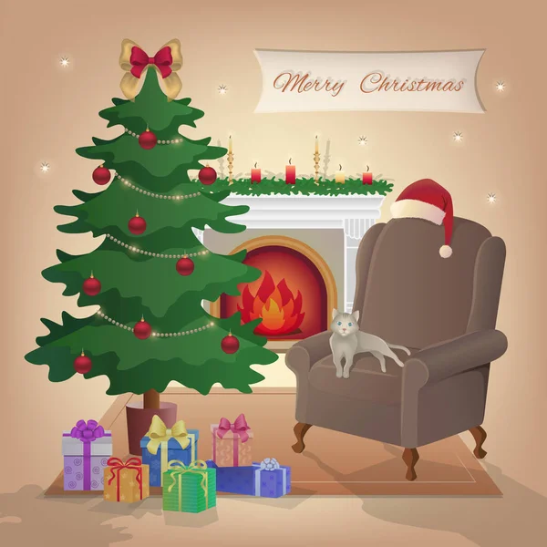 İçinde şömine, Noel ağacı, koltuk, hediye kutuları, mumlar, Noel Baba şapkası, süslemeler, kedi, yıldızlar, halı olan mutlu Noeller. Noel yılbaşını ve Noel 'i bekliyorum. Vektör