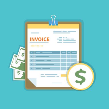 İzole edilmiş bir tablette para olan fatura simgesi. Doldurulmamış, belgenin minimalist formu. Ödeme ve fatura, iş veya mali işlemler imzası. Düz stil şablon tasarımı. Vektör