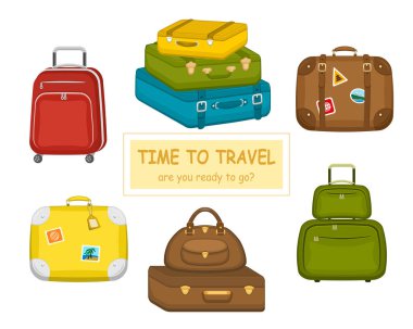 İzole edilmiş beyaz arka planda etiketli çeşitli seyahat çantaları. Yaz seyahati valizleri. Seyahat ekipmanları. Düz vektör resimleme.