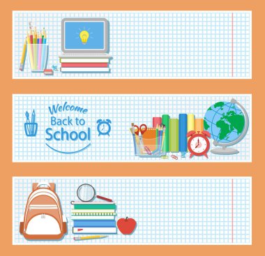 Kitaplar, dizüstü bilgisayarlar, sırt çantaları, kalemler, çalar saat, küre, kırtasiye seti, büyüteç. Okul logosuna tekrar hoş geldin. Eğitim konsepti. Vektör.