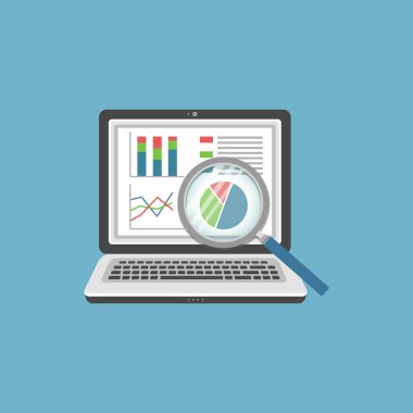 Analitler araştırma konsepti. Analiz, Mali Denetim Konsepti, SEO analitiği, vergi denetimi, çalışma, yönetim. Ekranda grafikler olan büyüteç ekranda.