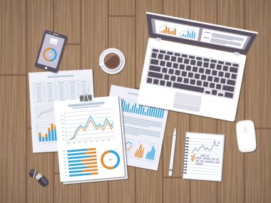 Work with documents. Workflow concept. Accounting, analysis, research, planning, audit, report, management. Forms with charts, graphs, laptop with information on the screen, notebook, phone, desk.