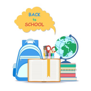 Okul konseptine geri dönelim. Sırt çantası, ders kitabı, not defteri, dünya, kırtasiye seti gibi kitap ayracı ve okul malzemeleri içeren açık bir kitap. Düz Stil Eğitim Konsepti. Vektör illüstrasyonu.