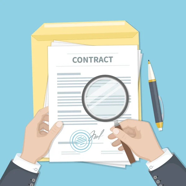 契約検査の概念 ビジネスマンは契約に虫眼鏡を手に持っている 署名とスタンプとの契約 研究資料 — ストックベクタ