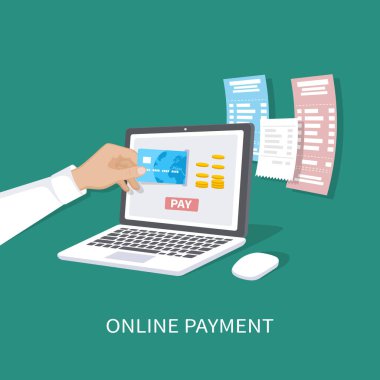 Online payment concept. Payment of bills, checks, online shopping via mobile app. E-commerce, electronic business. Man's hand with a credit card and laptop. Vector illustration