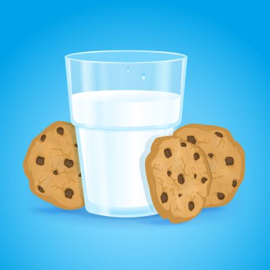 Realistic glass with milk and cookies with chocolate chips on a blue background. Fresh delicious vitamin and healthy breakfast for children and adults. Oatmeal baking. Protein cocktail. Vector.