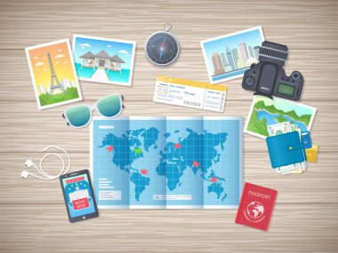 Preparing for vacation, travel, journey. Travel planning. Booking hotel. Wooden table with world map, photos, air ticket, passport, phone, wallet, camera, compass, headphones. Vector, top view