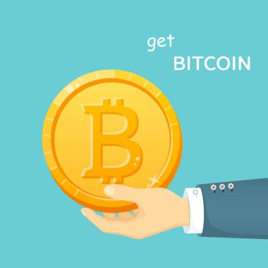 Golden bitcoin in a man's hand. Electronic means of payment. CryptoCurrency Capitalizations. Digital coin. Vector