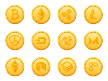 12 altın sikke, kripto para birimi simgesi. Piyasa sermayesine göre en yüksek dijital elektronik para birimi. Bitcoin, Ethereum, Ripple, Litecoin, Dash, NEM, Monero ve diğerleri. Vektör