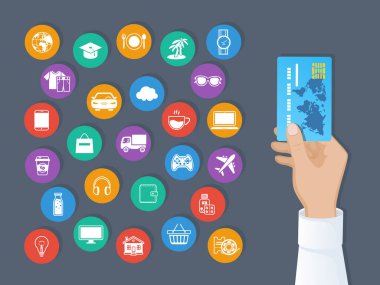 Kredi kartıyla ödeme. Hizmetler ve mallar için nakit ödeme sistemi. Elinde bir kredi kartı ve servis simgeleri var. Vektör illüstrasyonu