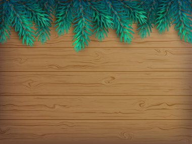 Ahşap kahverengi bir masa üzerinde gerçekçi köknar dalları olan bir Noel ya da yeni yıl geçmişi. Vektör çizimi. Üst görünüm.