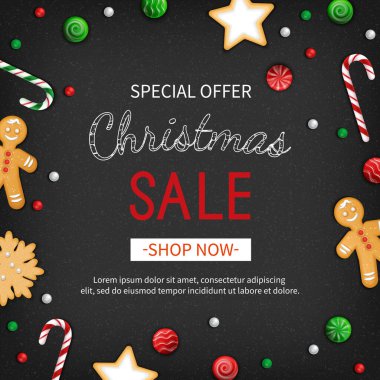 Noel indirimi. İndirim broşürleri, sezonluk satışlar. Tatil şekerli web afişi - lolipoplar, şeker kamışı, kurabiyeler, zencefilli kurabiye adam. Siyah arkaplanlı Xmas Kutlama Kartı