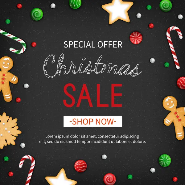 Noel indirimi. İndirim broşürleri, sezonluk satışlar. Tatil şekerli web afişi - lolipoplar, şeker kamışı, kurabiyeler, zencefilli kurabiye adam. Siyah arkaplanlı Xmas Kutlama Kartı