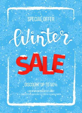 Kış indirimi afişi, afiş, mavi kar taneleri arkaplanındaki kar çerçevesinde broşür. Özel sezonluk teklif. El yazısı yazması. Vektör illüstrasyonu