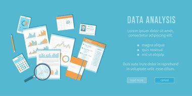 Data analysis concept. Financial Audit, analytics, statistics, strategic, report, management. Magnifying glass over documents with graphs, notebook, calculator, calendar. Vector top view