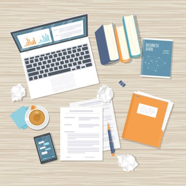 Work place, analytics, optimization, management. Top view wooden office work desk with laptop, books, documents, folder, crumpled paper, phone with messages, tea. Vector illustration background