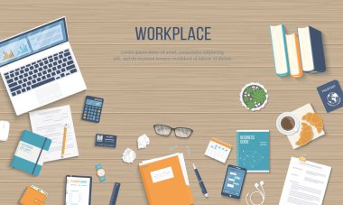 Workplace background. Top view of a wooden table with laptop, books, documents, folder, notepad, calculator, calendar, passport, business card. Vector illustration