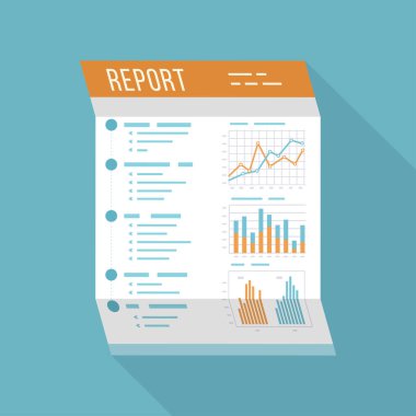 Business report, office folded paper document. Isolated icon with long shadow. Charts graphs on a paper. Accounting, analysis, research, planning, audit, report, management. Vector