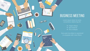 Business meeting and brainstorming. Office teamwork concept with people around the table. Analysis, management, planning background. Businessman hands with documents, business guide, newspaper. Vector