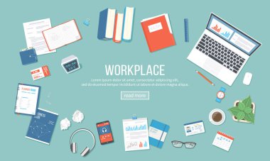 İşyeri geçmişi. Tedarik dizüstü bilgisayarı, kitaplar, belgeler, klasör, not defteri, hesap makinesi, takvim, kulaklık, saat, kahve, kimlik kartı. Vektör illüstrasyonu Üst Görünüm