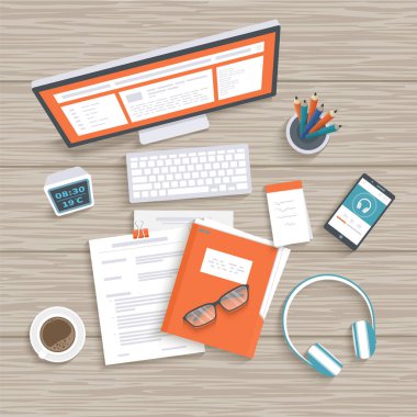 Desktop with monitor, keyboard, documents, folder, headphones, phone, clock, notebook, coffee. Wooden table top view. Workplace background. Vector illustration