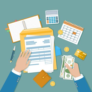 Tax payment concept. State Government taxation, calculation of tax return. Unfilled blank tax form, envelope, calendar, calculator. Human hands with money, credit card, wallet. Vector Top view