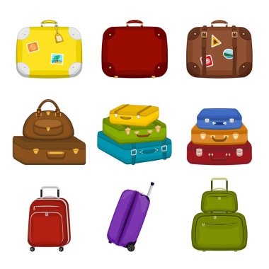 İzole edilmiş beyaz arka planda etiketli çeşitli seyahat çantaları. Yaz seyahati valizleri. Seyahat ekipmanları. Vektör simgesi illüstrasyonu.