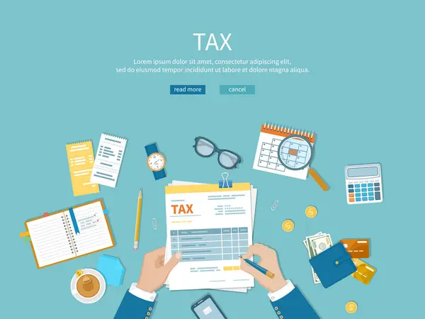 Tax Payment Man Fills Tax Form Counts Financial Calendar Money — Vetor de Stock