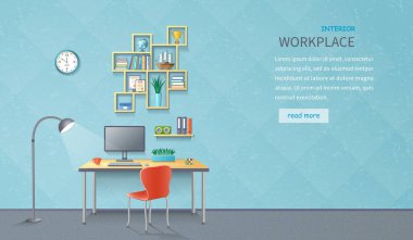 Modern ofis işyeri. İçinde masa, lamba, sandalye, monitör, raflar, ofis malzemeleri, duvar saati olan bir oda. Ayrıntılı vektör illüstrasyonu, yatay web pankartı.