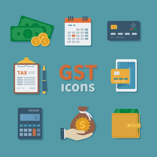 Gstアイコン 財務フラットカラーアイコンのセット 税金支払いについて サービス税について カレンダー 計算機 クレジットカード ベクター — ストックベクタ