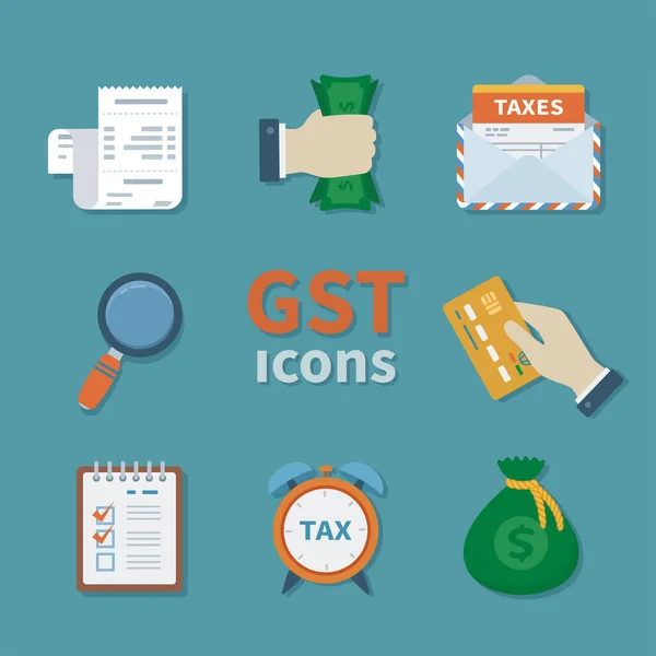 GST icons. Set of Finance flat color icons. Tax payment. Goods and service tax. Clipboard, money, envelope, magnifying glass, alarm clock, bag with money, credit card, invoice, bill. Vector