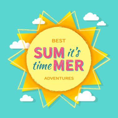 Yaz zamanı! En iyi macera. Güneş ışınları, bulutlar ve işaretlerle. Yaz logo vektör arkaplanı.