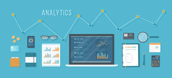 Analitik kavramı, muhasebe, analiz, denetim, hesaplama, denetleme. İş geçmişi. Grafik, çizelge, belge, planlayıcı, takvim, büyüteç, hesap makinesi, para içeren dizüstü bilgisayar. Vektör